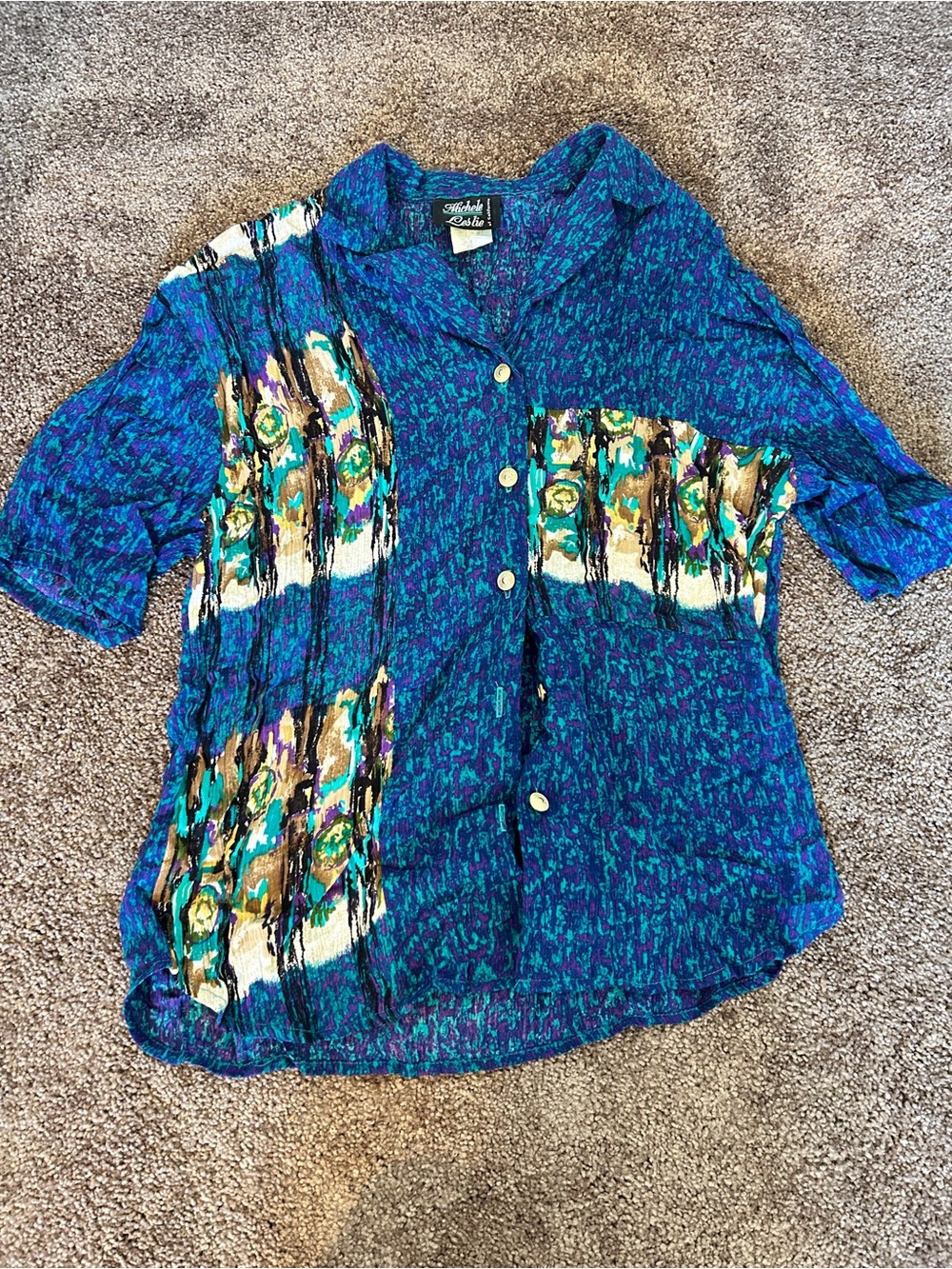 Vintage Oversized Vibrant Blue and Purple Patterned Gold Button-Up Blouse